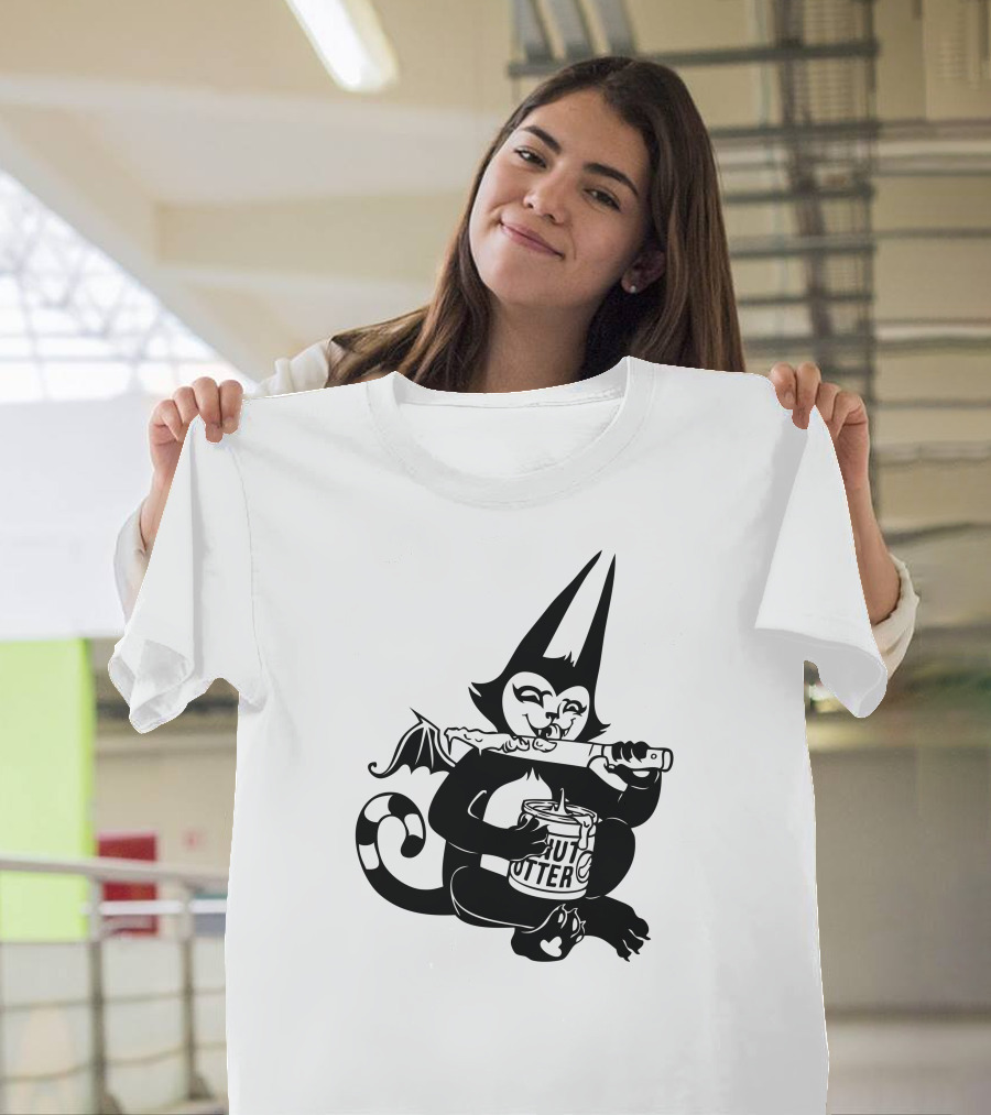 Bat Cat Eating Peanut Butter in Dark T-Shirt