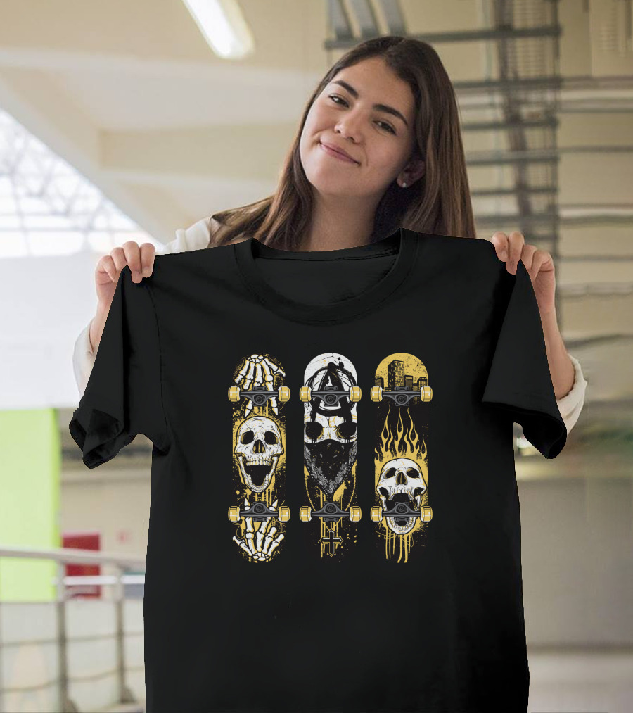 Skateboards with Skeleton and Flames Skull T-Shirt