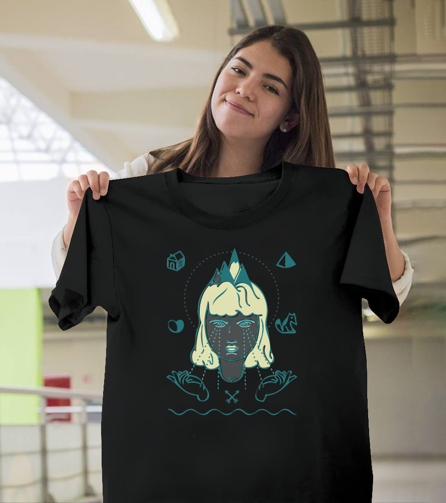 In The Wild Pt Mountain Landscape Portrait with Geometric Symbols and Woman T-Shirt