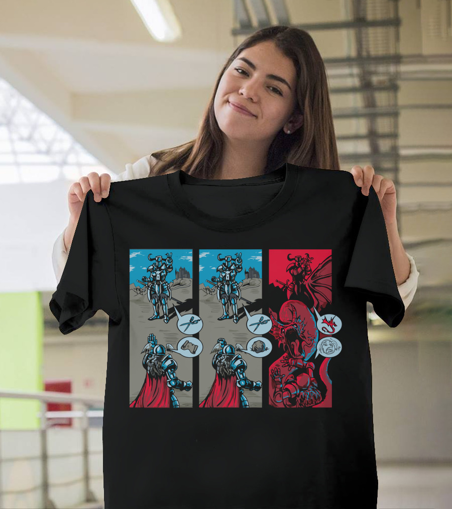 Rock Paper Scissors Knight Versus Fierce Dragon Duel T-Shirt