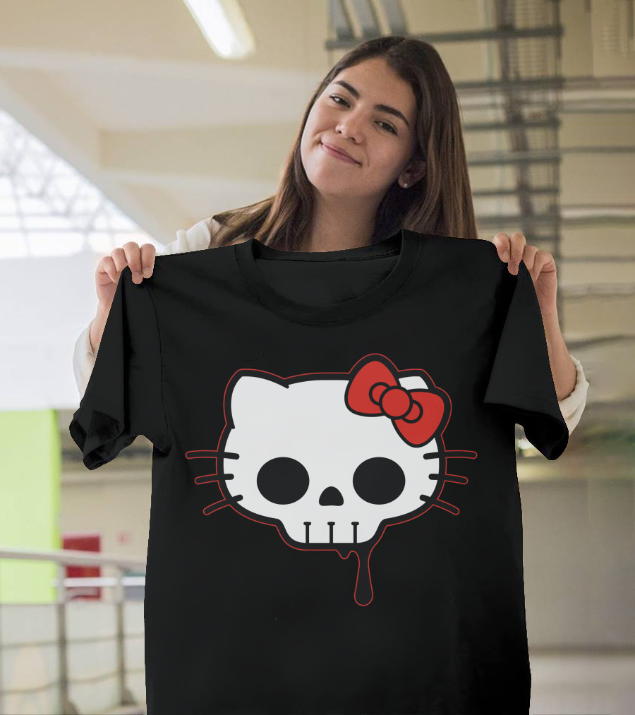 Skull Kitty Hello Mashup with Red Bow and Dripping Outline T-Shirt