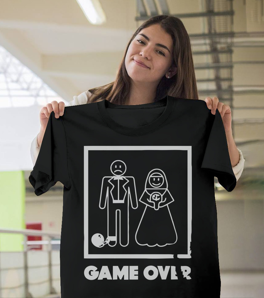 Game Over Wedding Groom and Bride Stick Figures with Ball and Chain T-Shirt