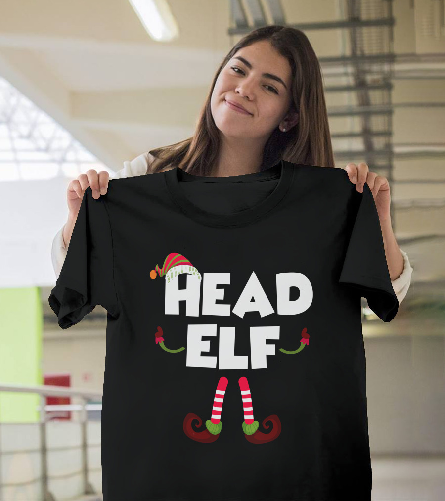 Head Elf Festive Christmas Hat and Striped Socks Holiday T-Shirt