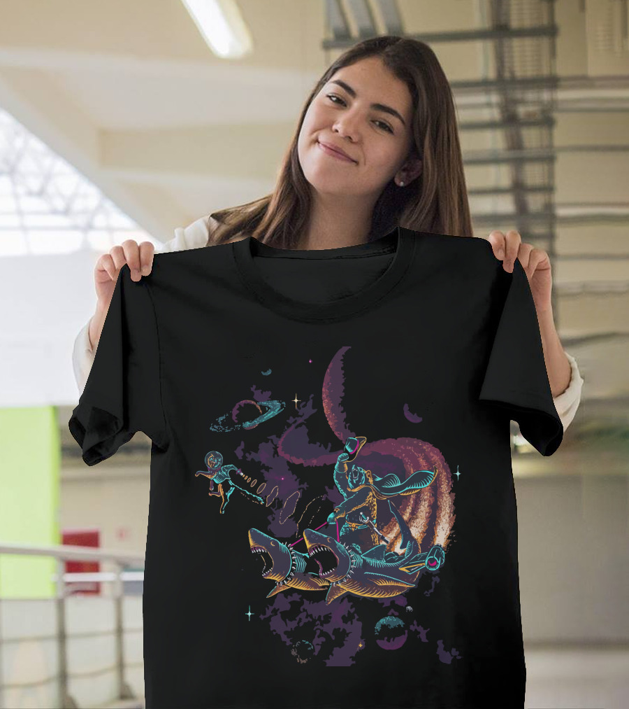 Space Cowboy Surfing Sharks in Cosmic Adventure T-Shirt