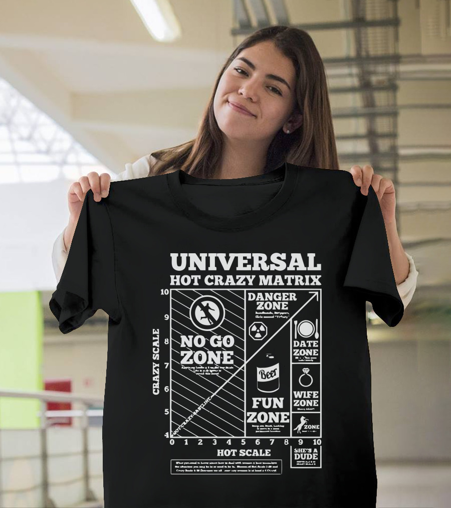 UNIVERSAL HOT CRAZY MATRIX NO GO ZONE DANGER DATE FUN WIFE ZONE SHE'S A DUDE T-Shirt