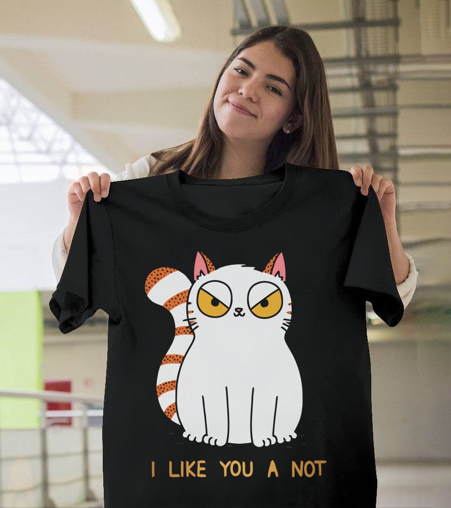 Grumpy White Cat with Striped Tail Saying I Like You A Not T-Shirt