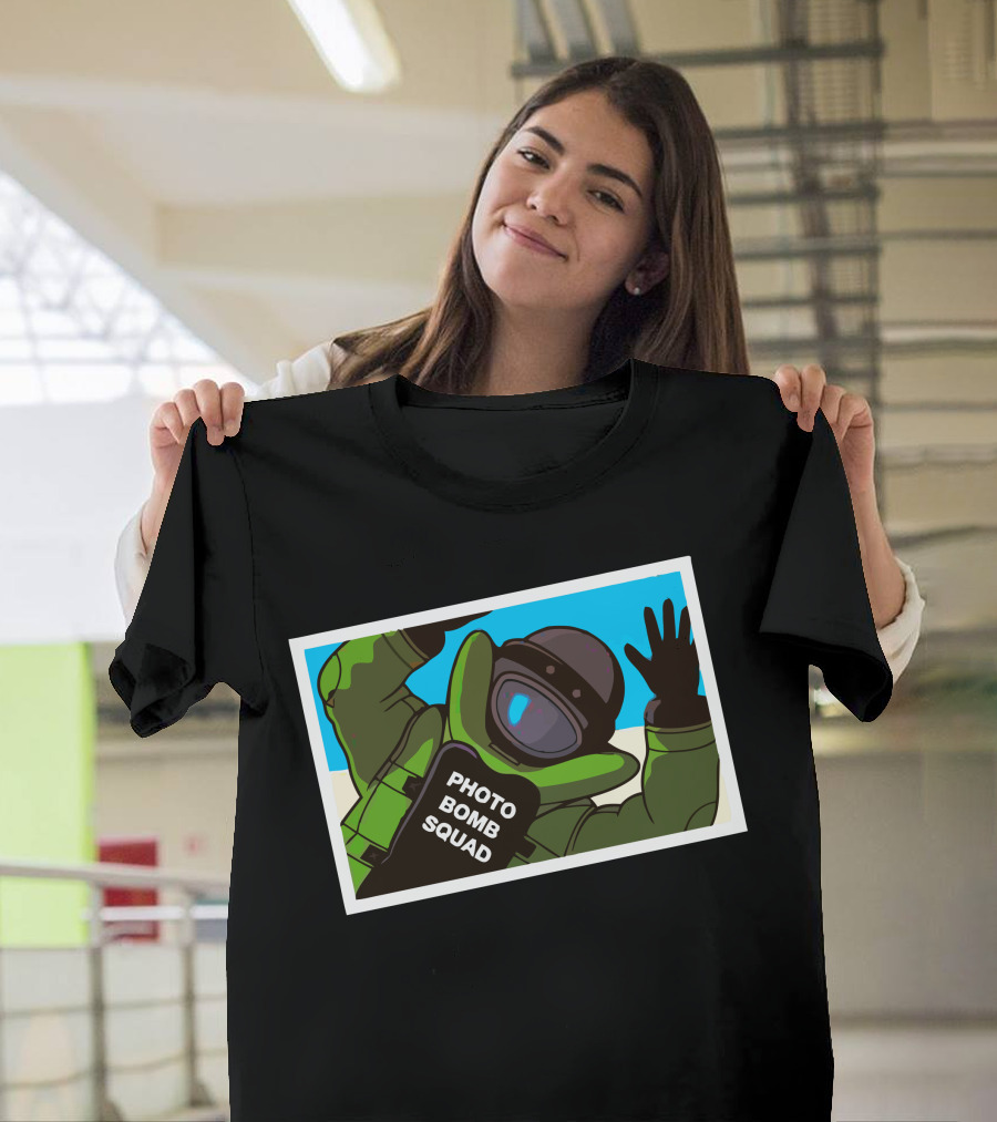 PHOTO BOMB SQUAD Space-Themed Bomb Suit Astronaut Playful Pose T-Shirt