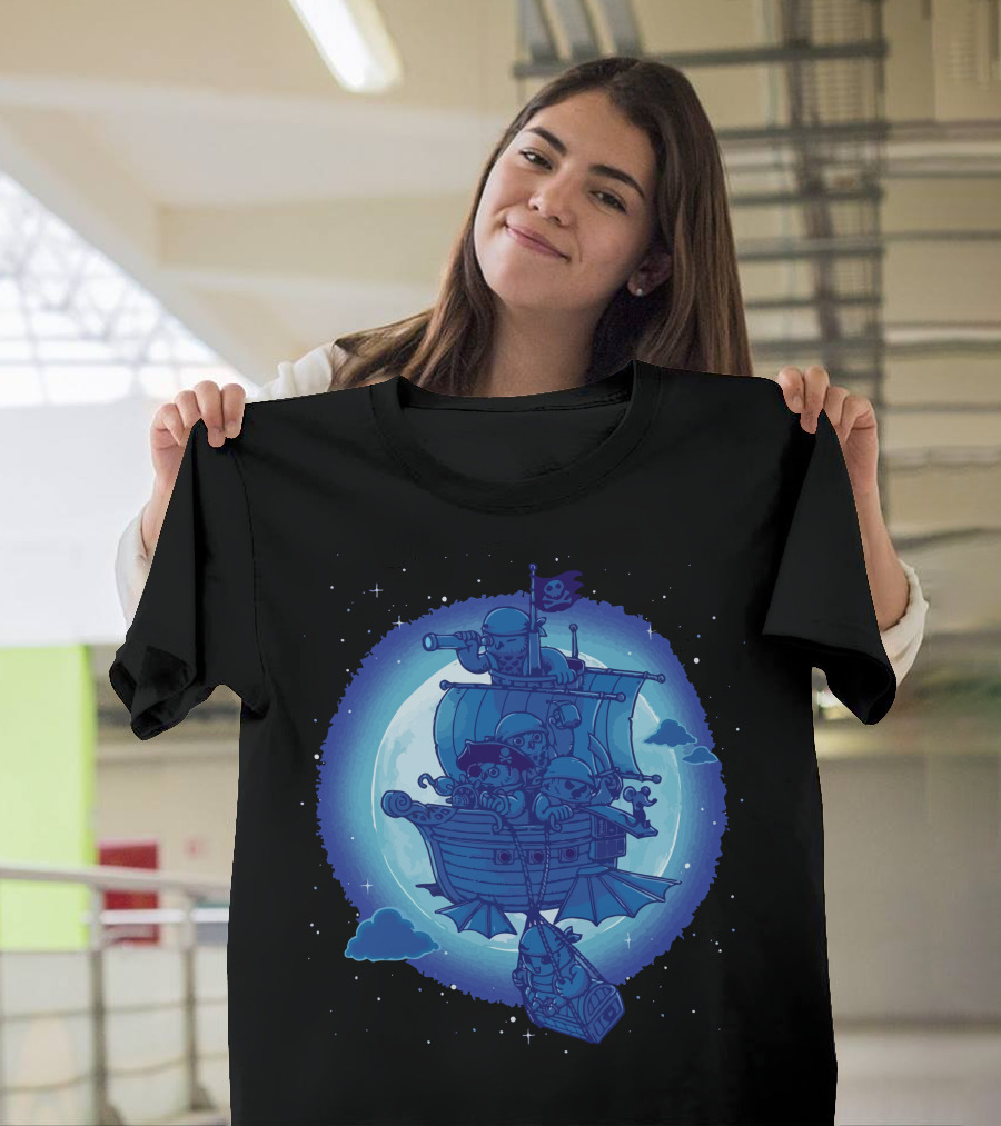 Pirate Owls Sailing Airship Under Full Moon with Telescope and Treasure T-Shirt