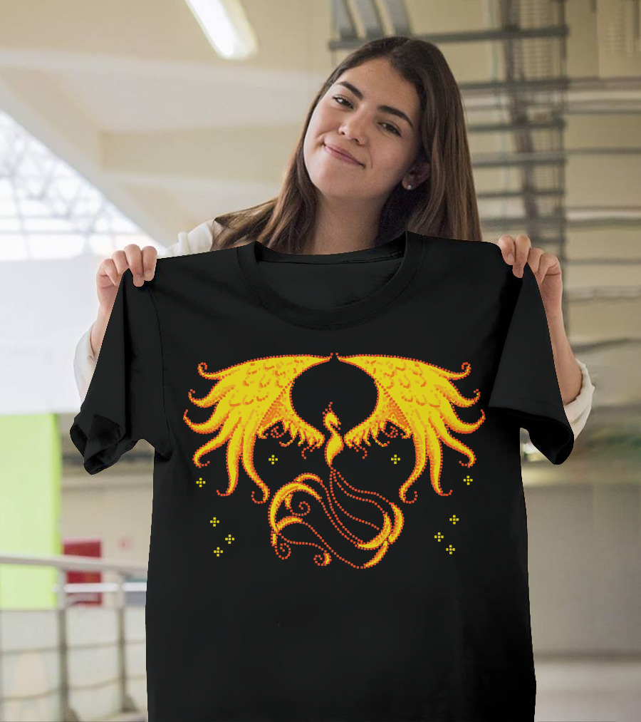 Pixel Phoenix Retro Firebird Symmetry Fantasy Tail Glowing Wings Spirals T-Shirt
