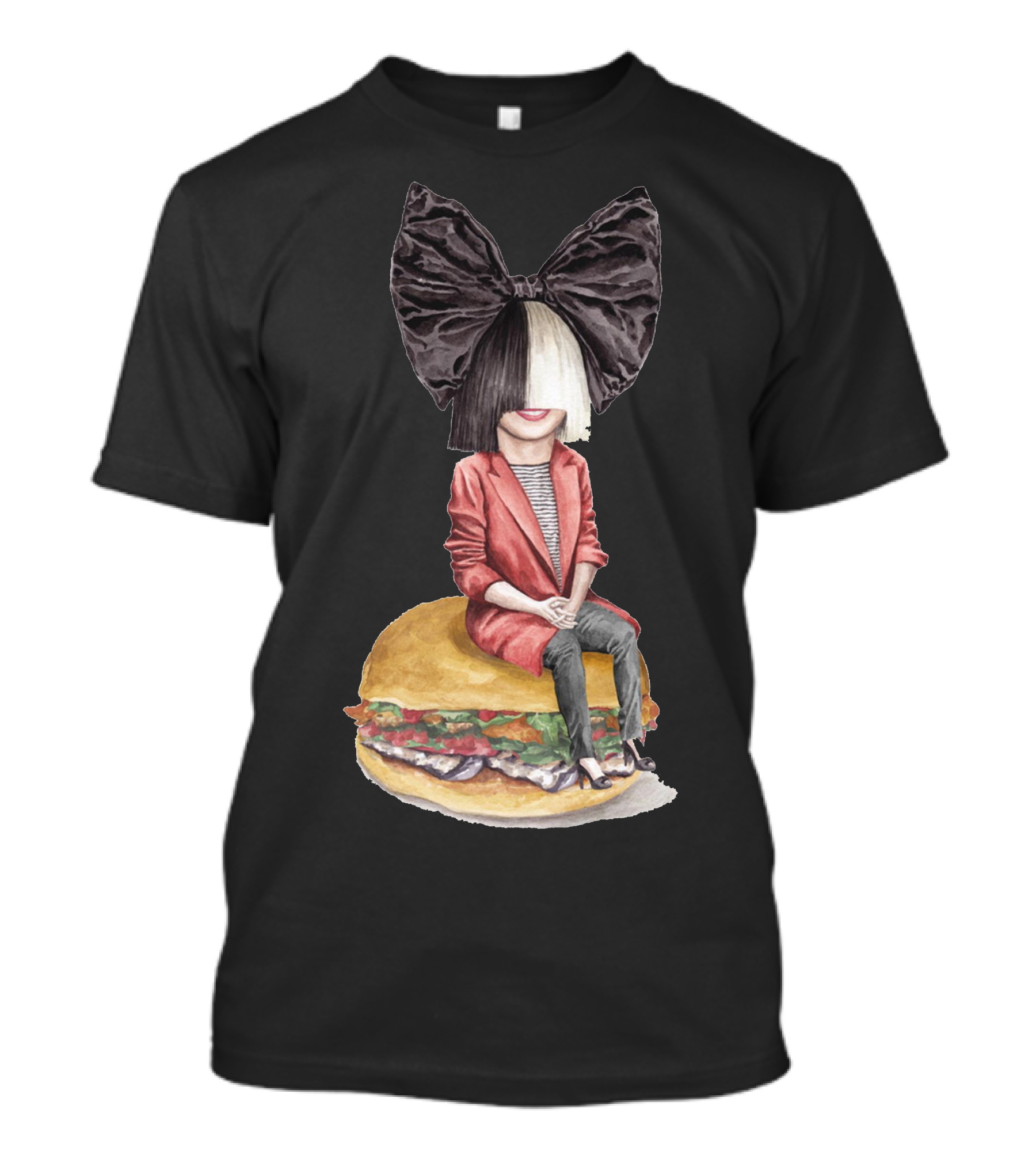 Sia Sitting On Giant Burger With Iconic Black And White Wig And Large Bow T-Shirt