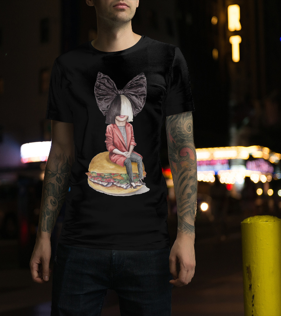 Sia Sitting On Giant Burger With Iconic Black And White Wig And Large Bow T-Shirt