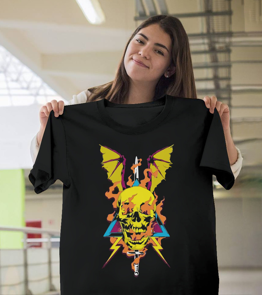 Sniffing Glue Flaming Skull with Wings and Lightning Bolt T-Shirt