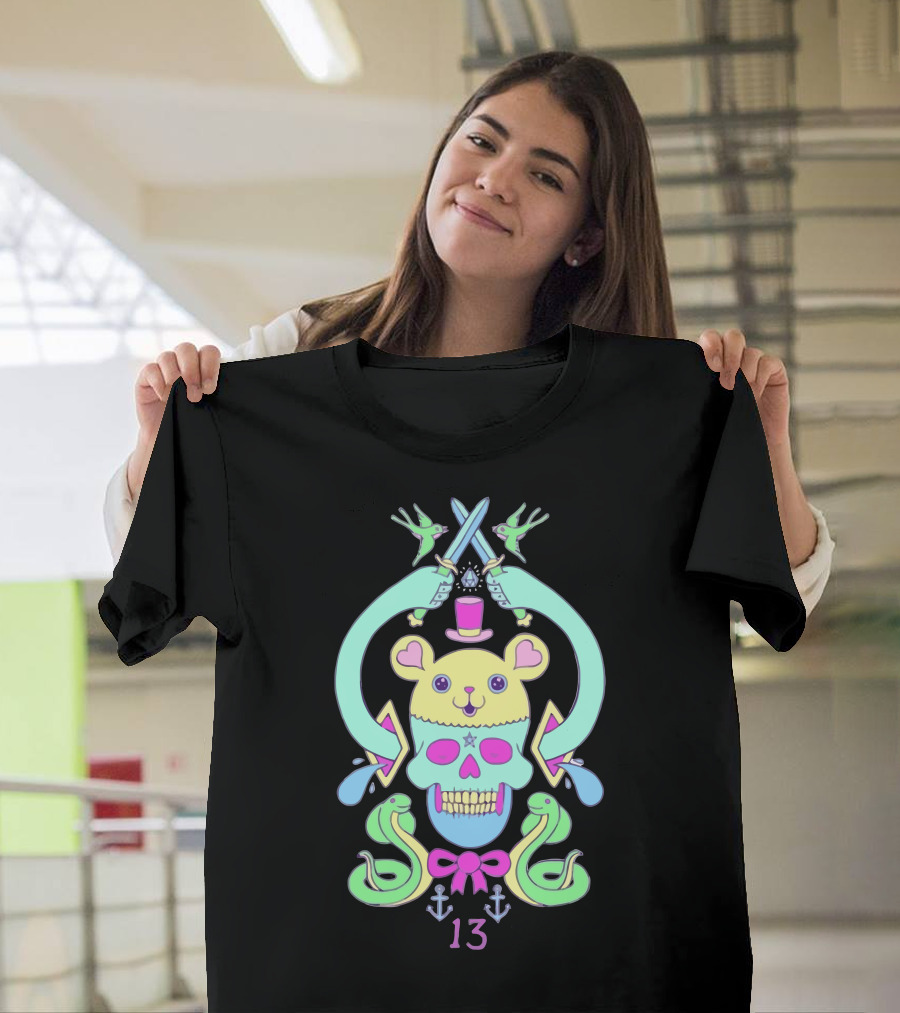 Triskaidekaphilia Skull and Crossed Swords with Snakes and Mouse Top Hat Symbols 13 T-Shirt