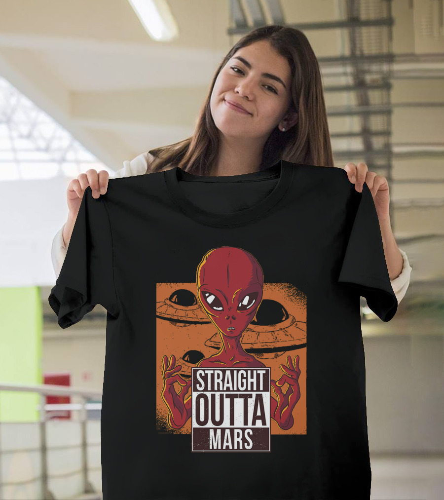 Straight Outta Mars Alien with UFO in Background T-Shirt