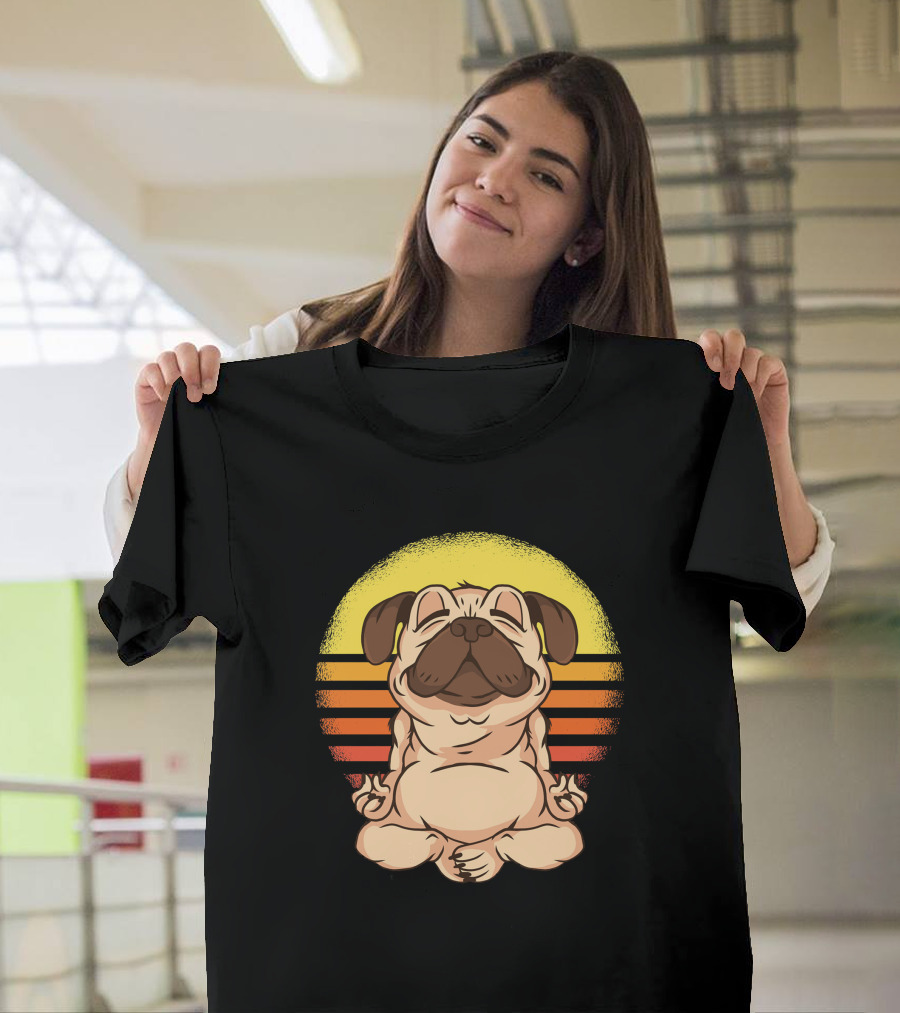 Yoga Pug Meditating in Retro Sunset T-Shirt