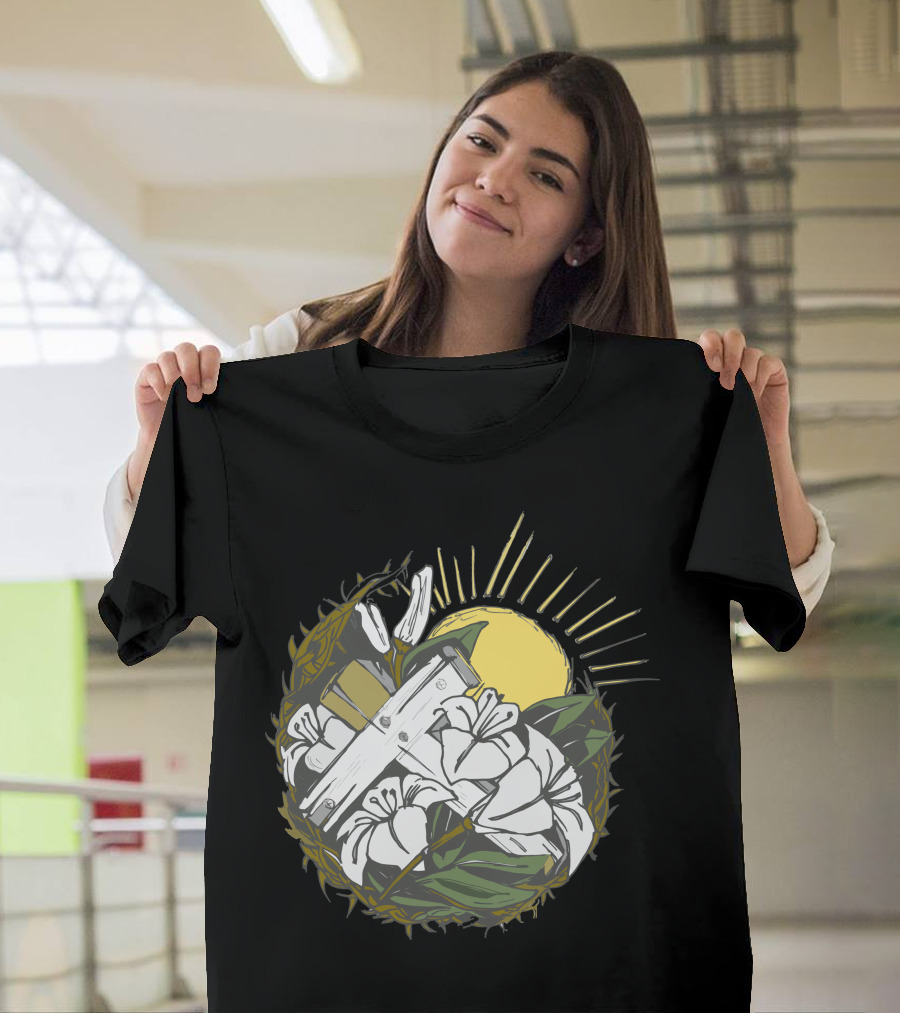 Crucifix Sunlit Lilies and Crown of Thorns T-Shirt