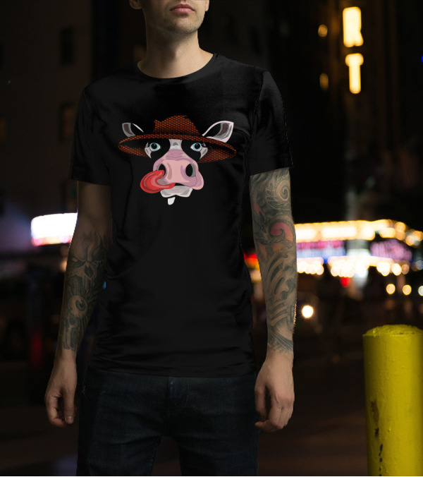 Farmer Cow With Straw Hat And Tongue Out T-Shirt