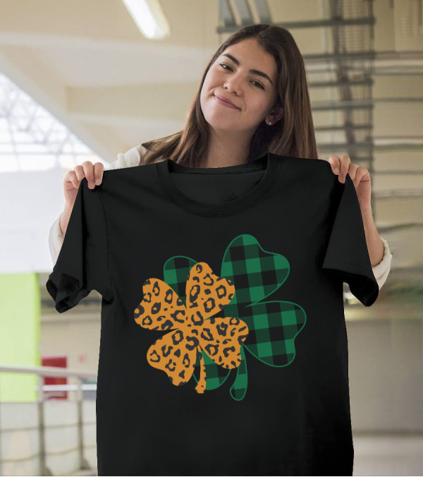 Leopard Print And Buffalo Plaid Shamrock T-Shirt