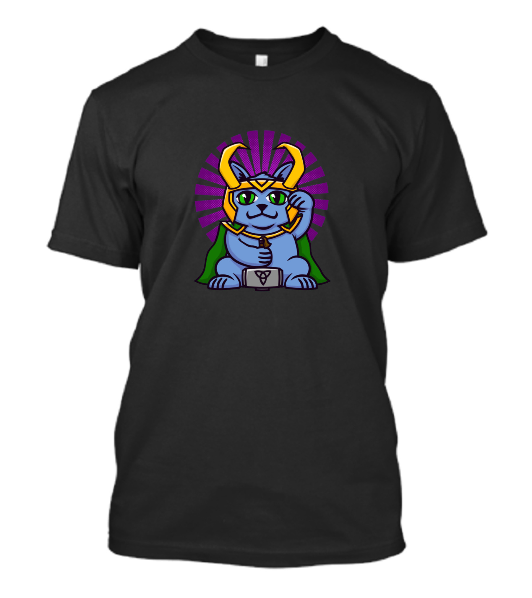 Loki Cat With Mjolnir And Horned Helmet Cartoon Hero T-Shirt