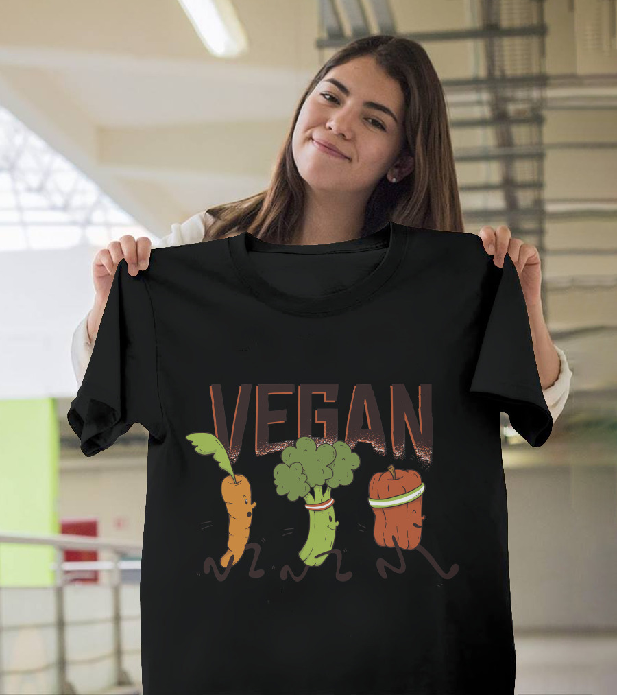 Vegan Food Characters Running Carrot Broccoli Bell Pepper T-Shirt