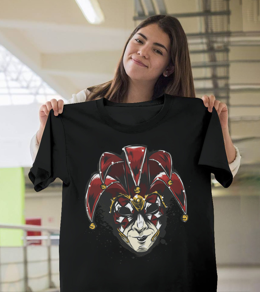 Venetian Mask Jester Red and Gold Bells T-Shirt
