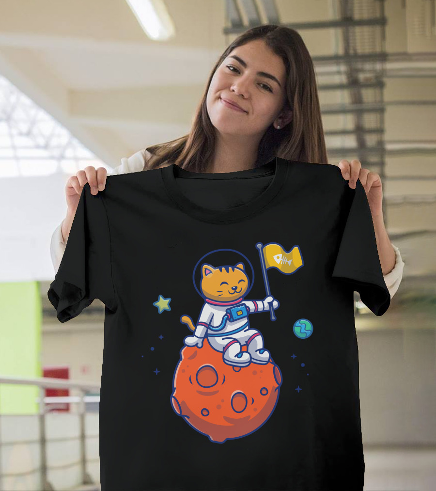 Astronaut Cat Smiling on Orange Planet with Fishbone Flag and Stars T-Shirt