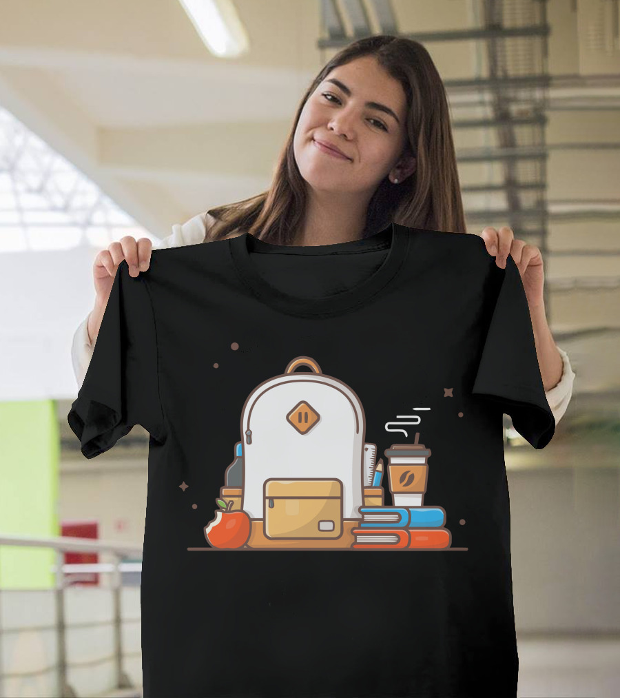 Backpack with Apple, Books, and Coffee Cup T-Shirt