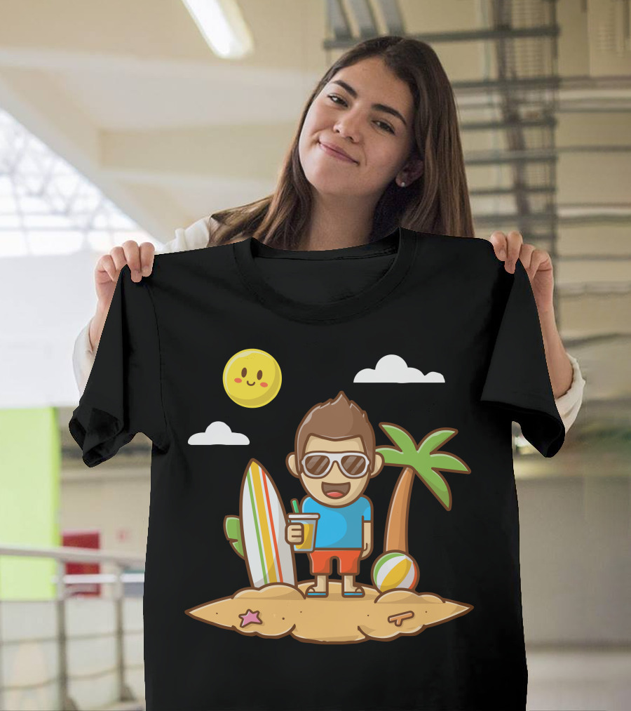 Boy Enjoying Summer on Beach with Surfboard and Tropical Vibes T-Shirt