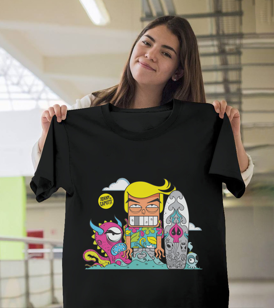 Johnny Caputti Boys Surf Cartoon Monster and Skull Surfboard T-Shirt