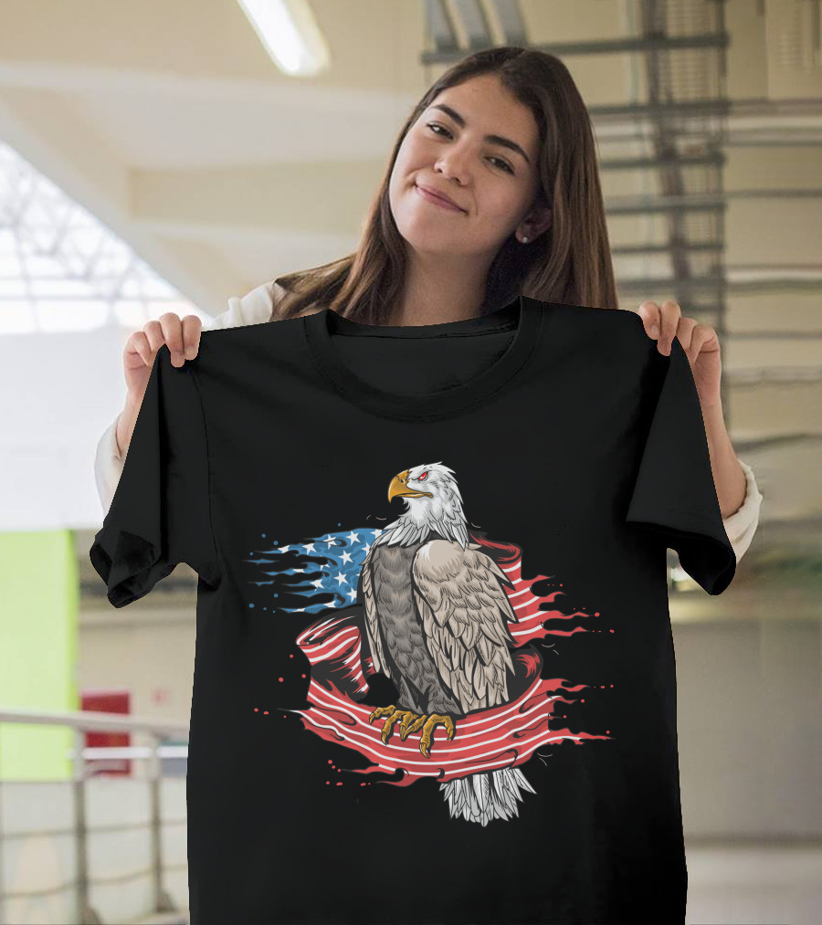 Bald Eagle Wrapped in Waving American Flag T-Shirt