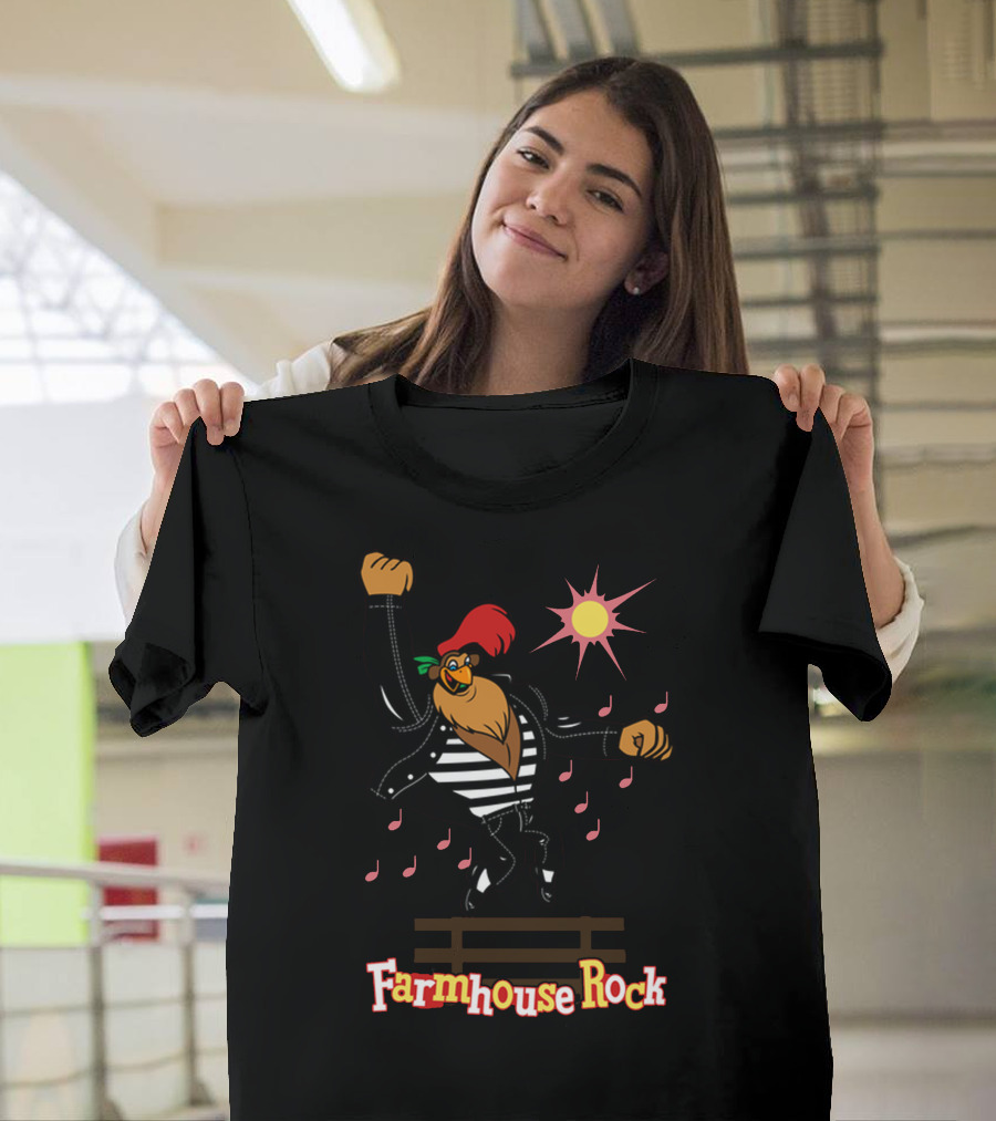 Farmhouse Rock Dancing Rooster in Leather Jacket with Sun and Musical Notes T-Shirt