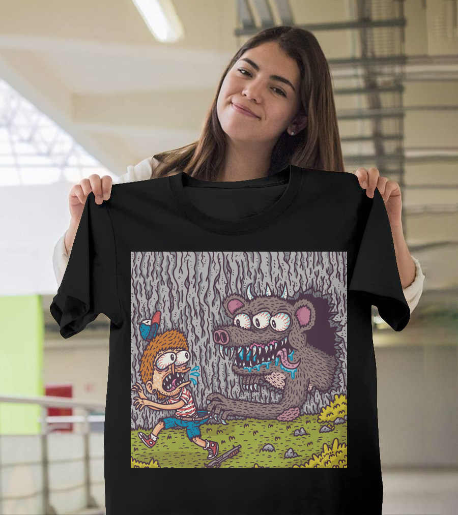 Igotyou Cartoon Boy Running from Monster in Forest Scene T-Shirt