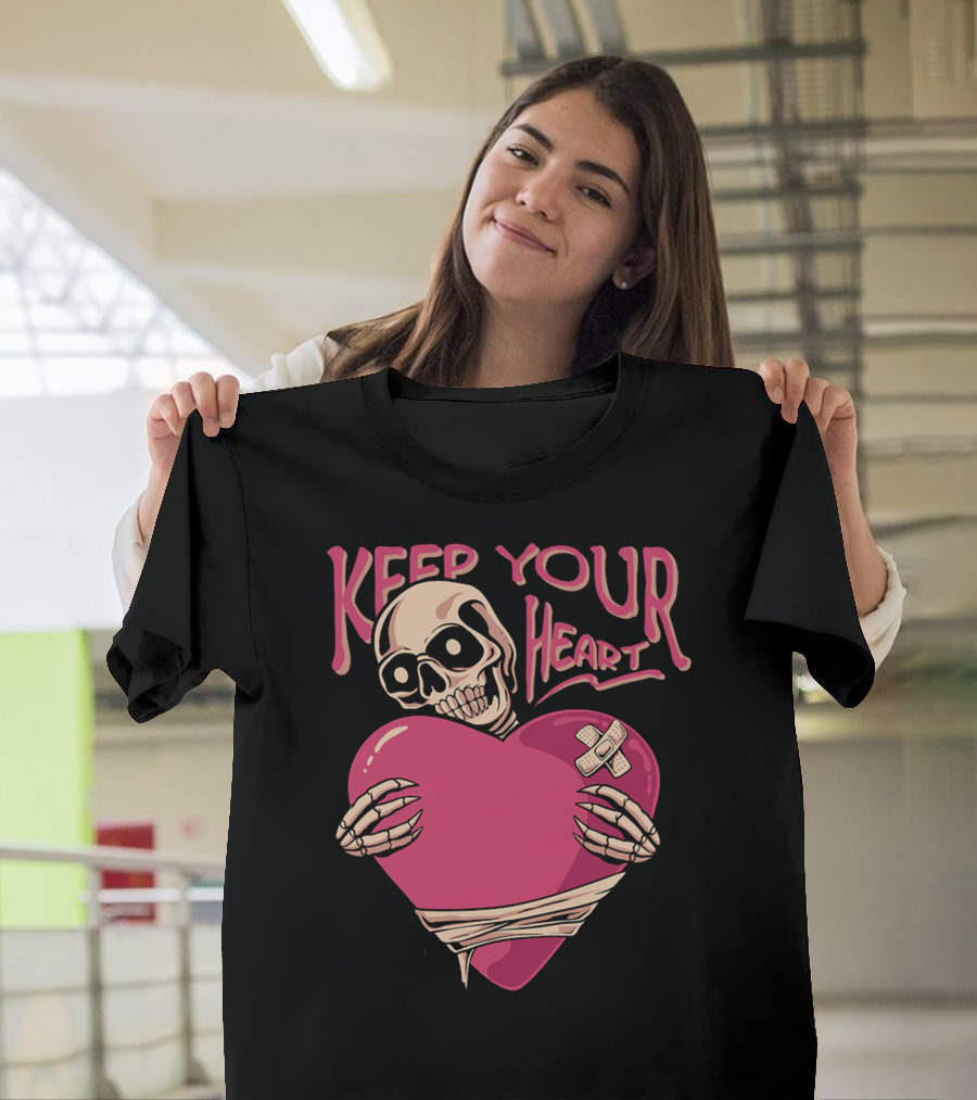 Keep Your Heart Skeleton Holding Pink Heart with Bandages T-Shirt