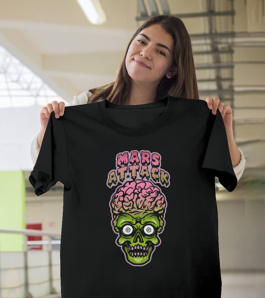 Mars Attack Alien Brain Green Skull T-Shirt