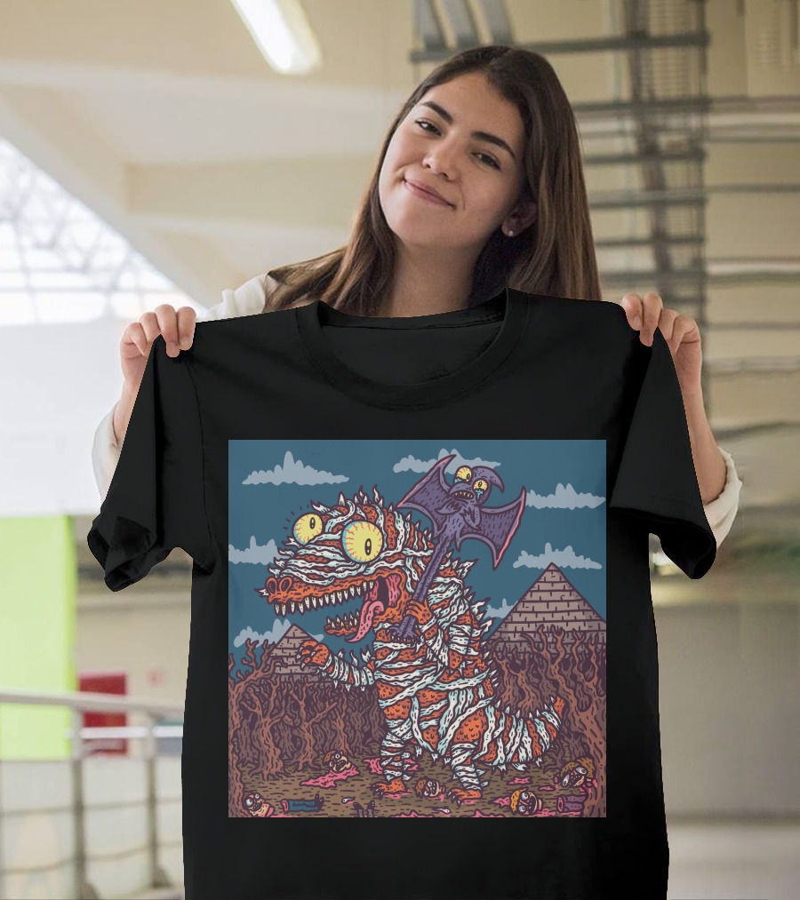 Mummysaur Monster with Bat and Pyramids Scene T-Shirt