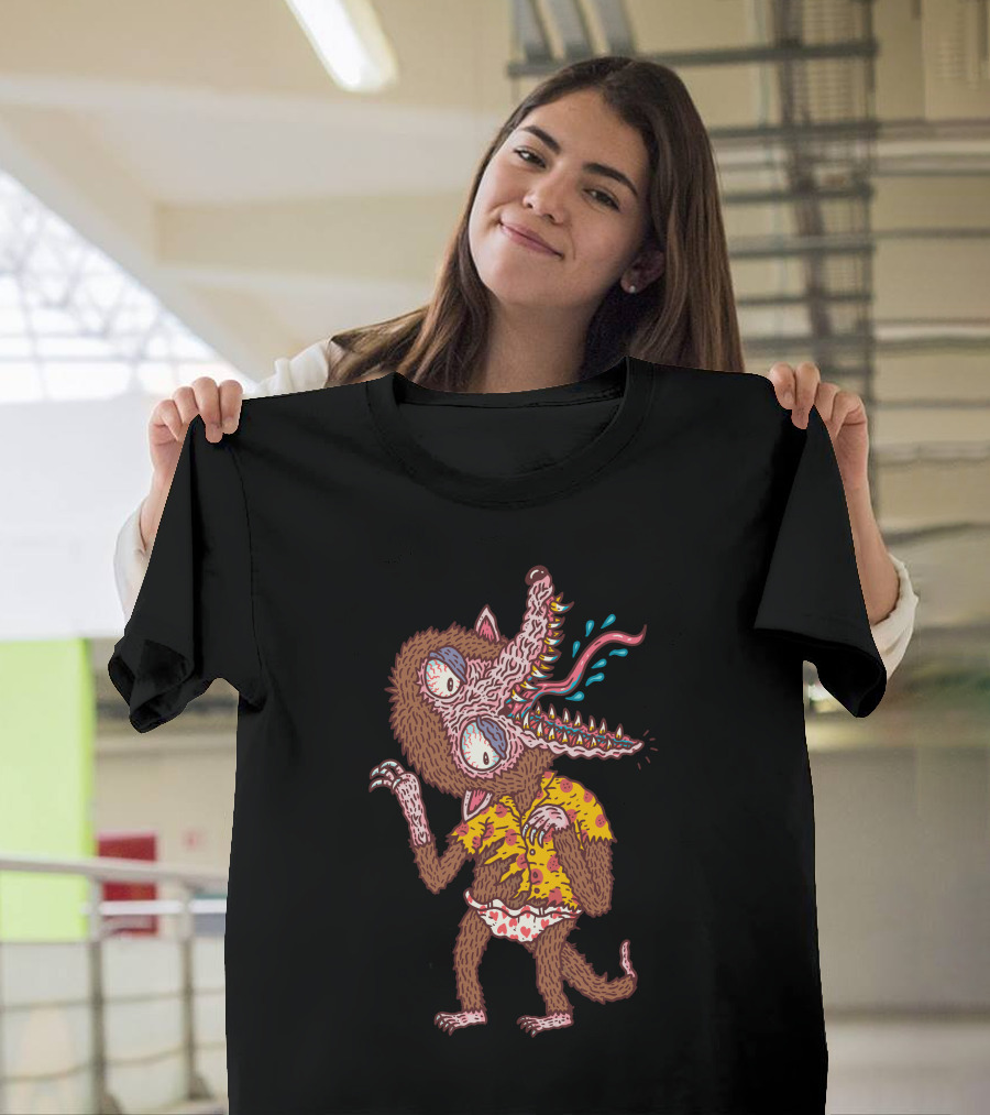 Werewolffman Cartoon Creature in Yellow Shirt with Open Mouth and Sharp Teeth T-Shirt