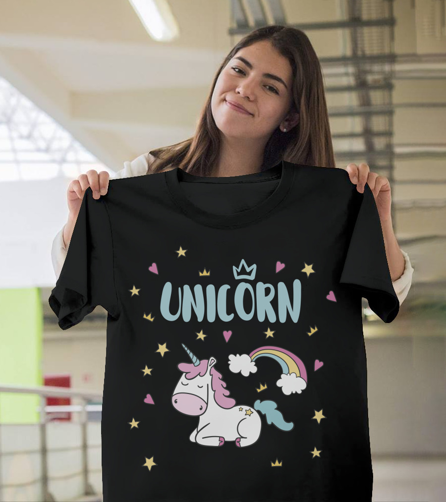 UNICORN Rainbow Stars Hearts Crown T-Shirt