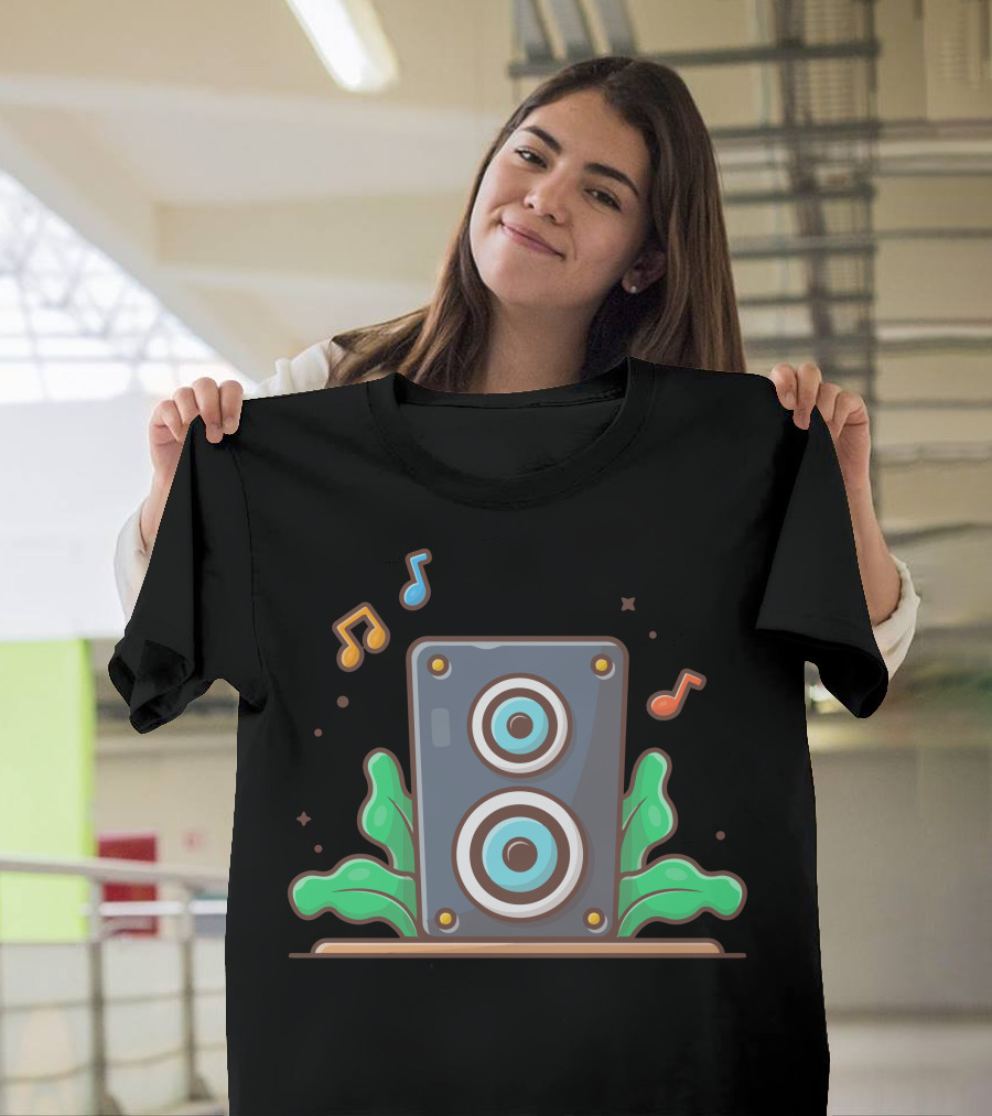 Acoustic Sound System Speaker with Musical Notes and Vibrant Green Leaves T-Shirt