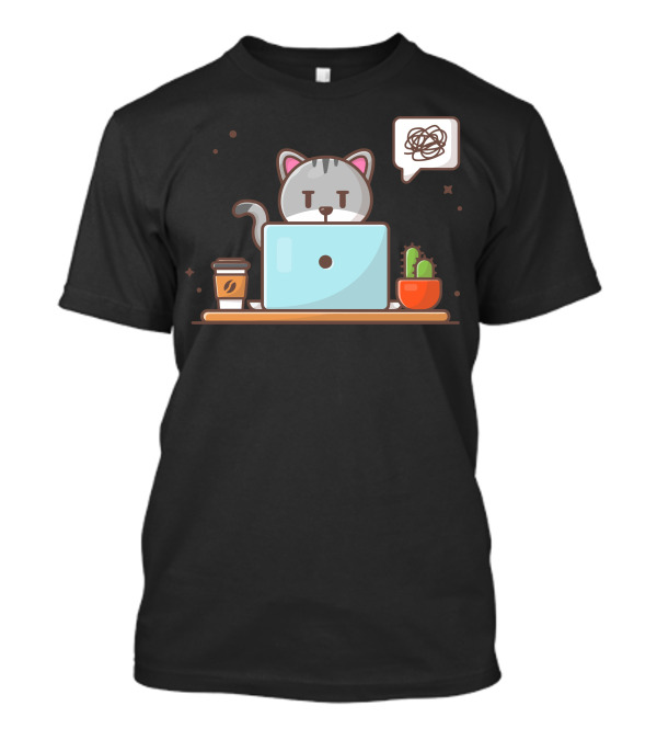 Angry Cat Frustrated Laptop Work Coffee Cactus T-Shirt