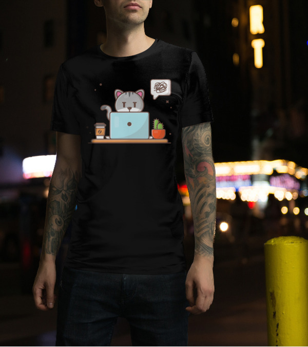 Angry Cat Frustrated Laptop Work Coffee Cactus T-Shirt