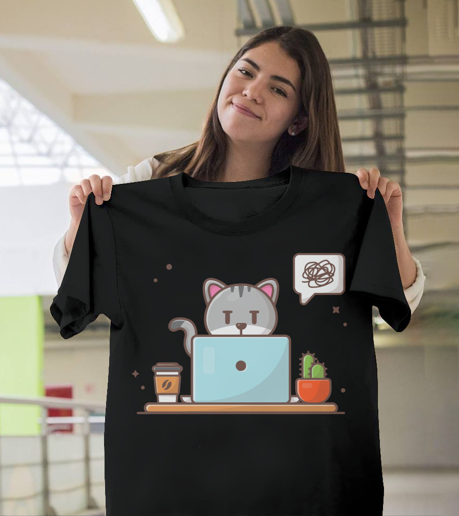 Angry Cat Frustrated Laptop Work Coffee Cactus T-Shirt