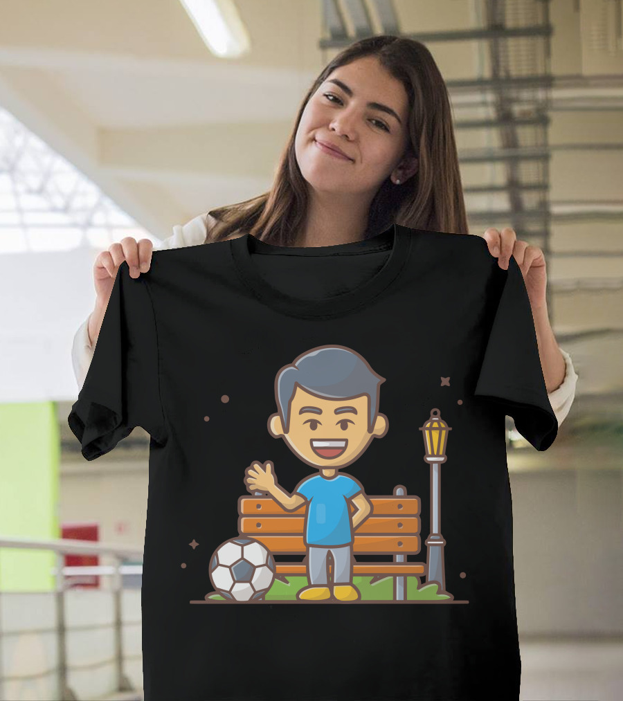 Boy Waving Near Soccer Ball and Park Bench T-Shirt