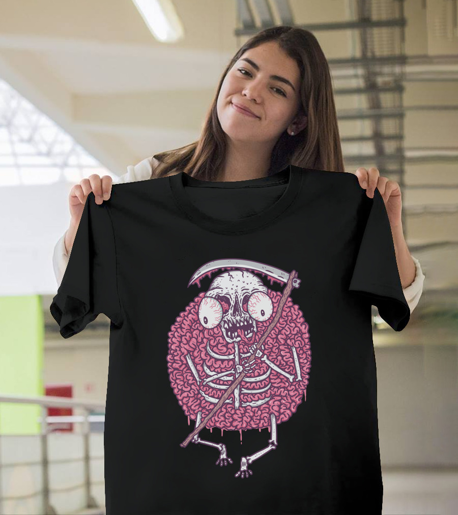 Brainy Reaper Skull with Scythe Surrounded by Brain T-Shirt