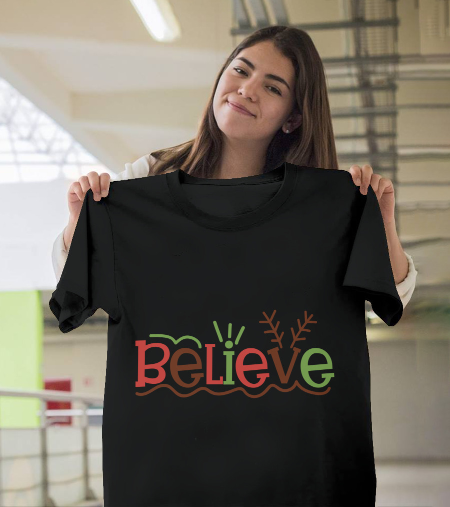 Believe Antlers and Lights Christmas T-Shirt
