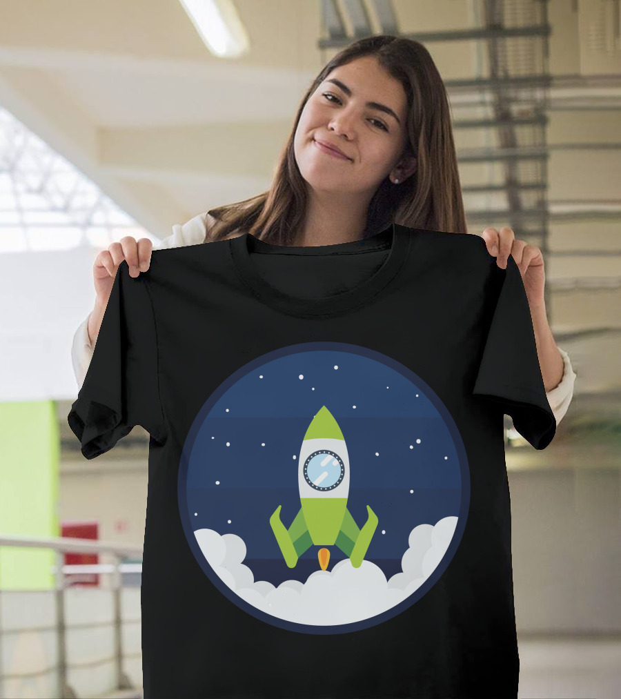Space Rocket Center Spacecraft in Starry Night Sky T-Shirt