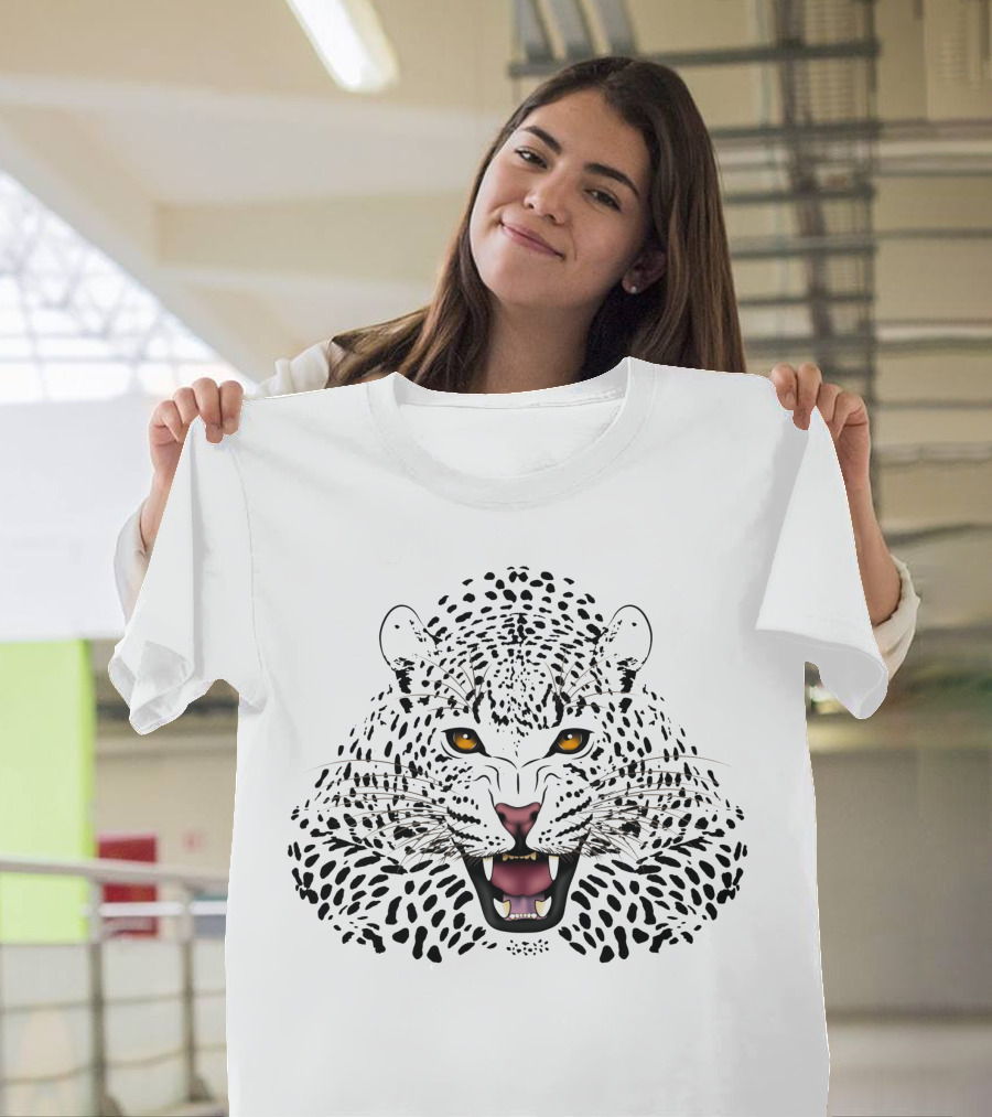White Leopard Fierce Golden Eyes Snarling Face T-Shirt