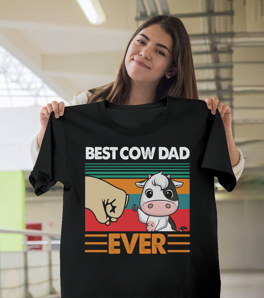 Best Cow Dad Ever Fist Bump with Cute Cartoon Cow and Retro Stripes T-Shirt
