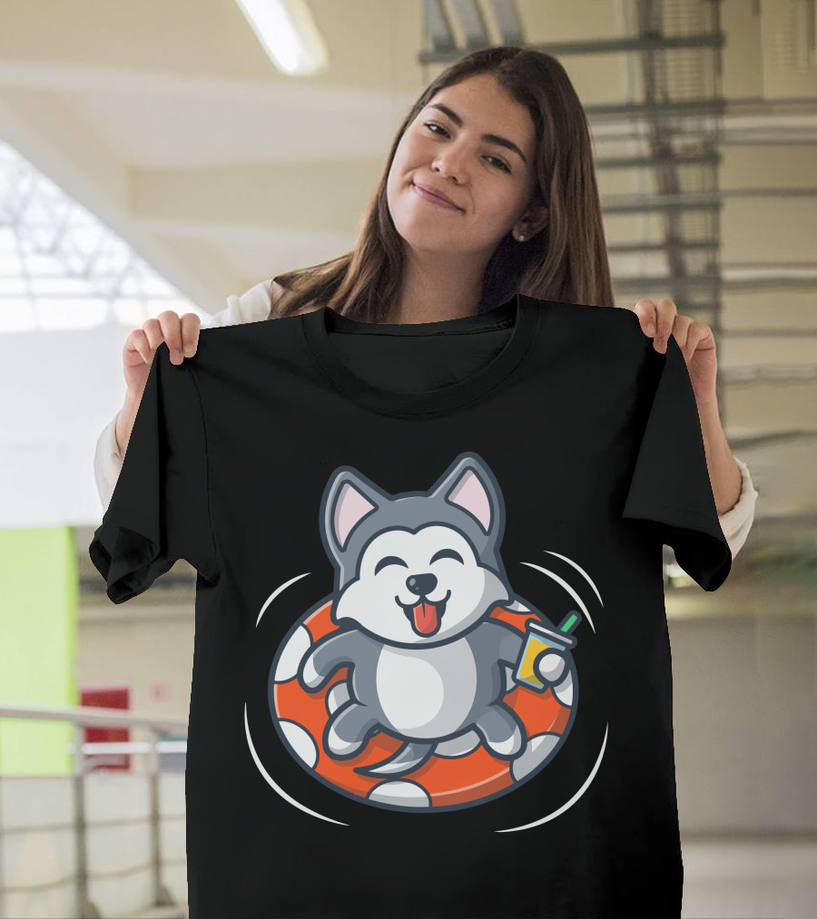 Dog Relaxing on Inflatable Ring with Drink at the Beach T-Shirt