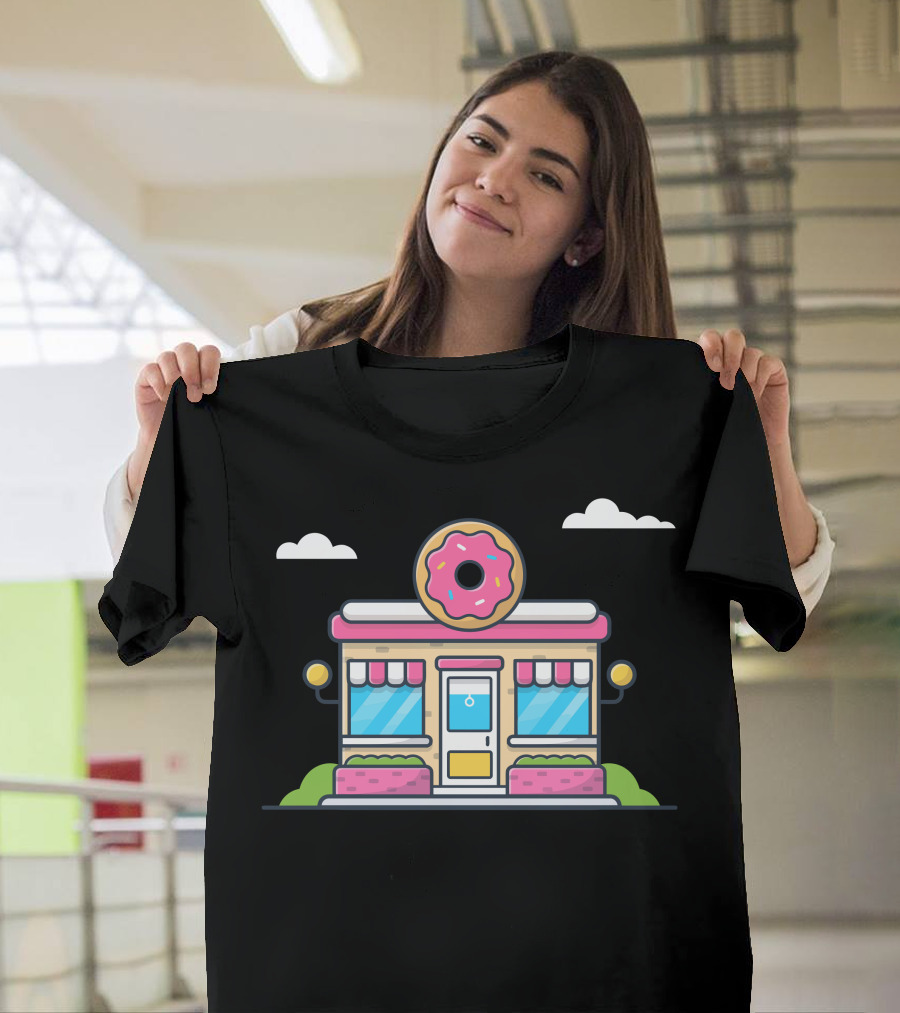 Donut Shop Cute Cartoon Bakery with Pink Icing Donut and Striped Awnings T-Shirt