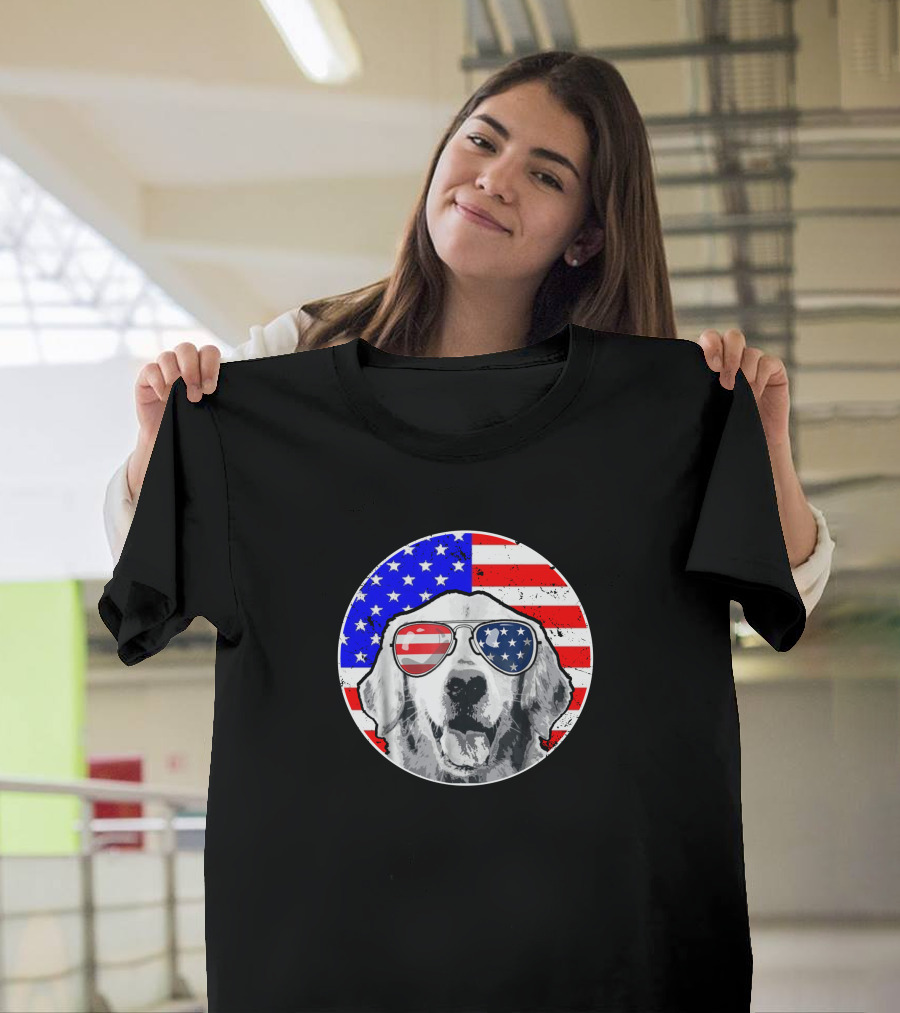 Golden Retriever with American Flag Sunglasses Patriotic Circle T-Shirt
